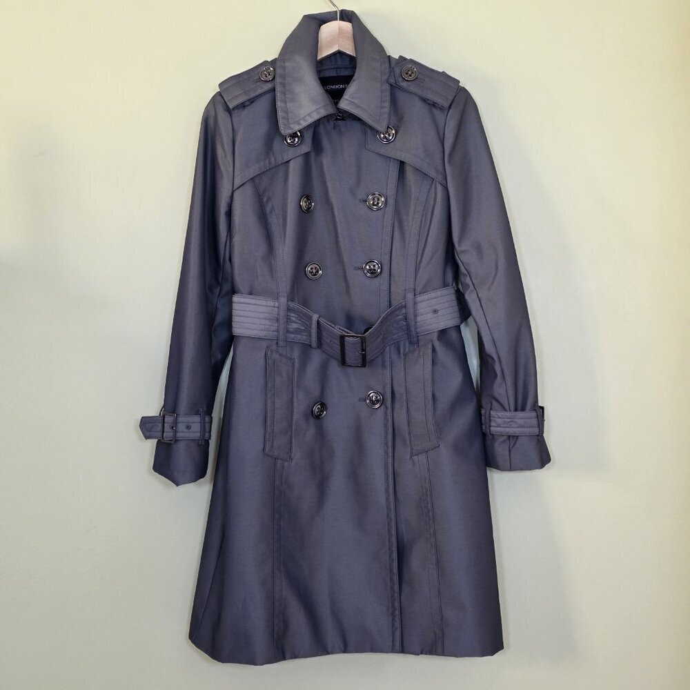 London Fog Trench Coat Womens PS Gray Metallic Pockets Belt Buttons Detach Liner